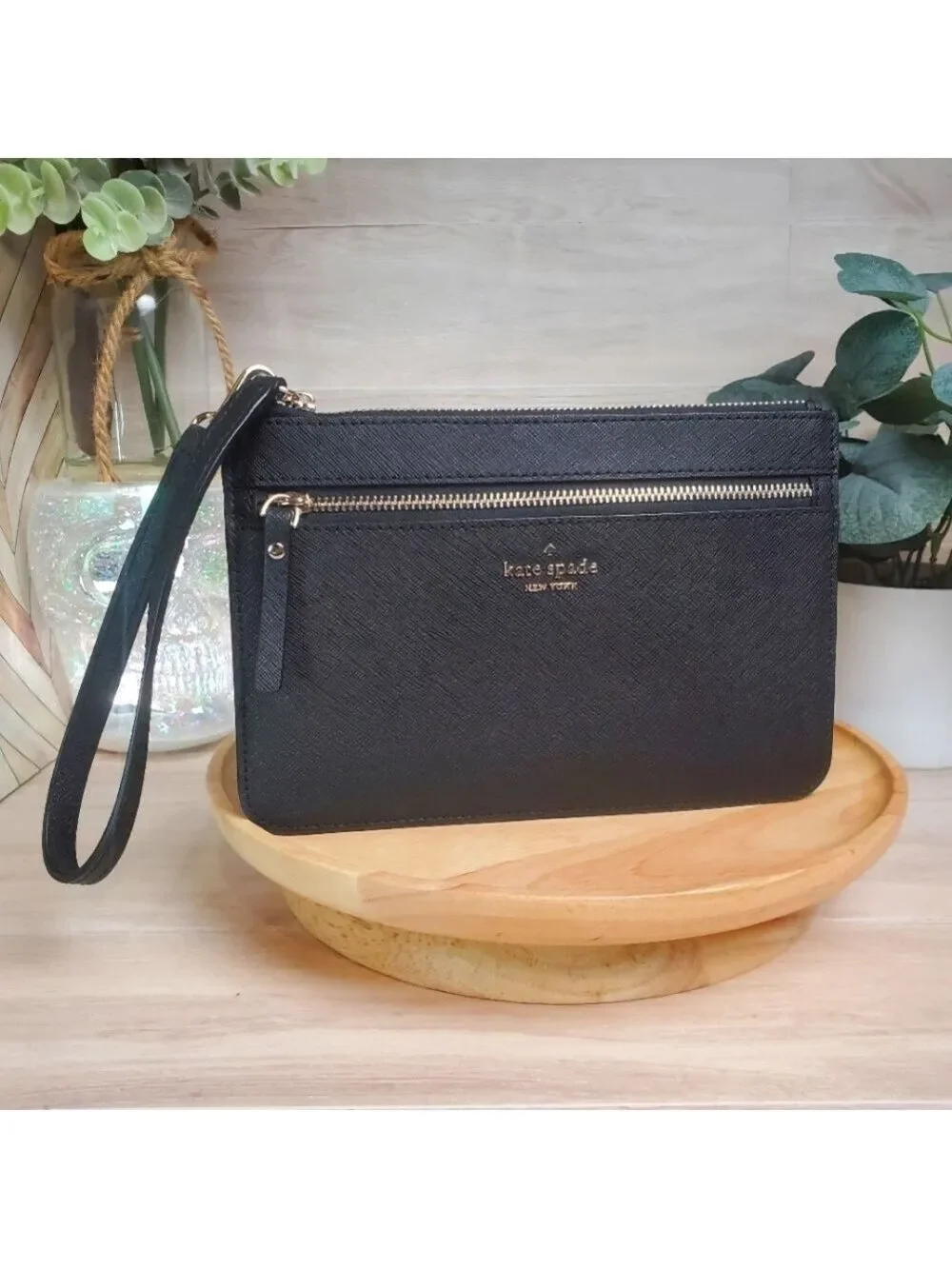 Kate Spade New York Black Leather Wristlet Wallet Mini Purse